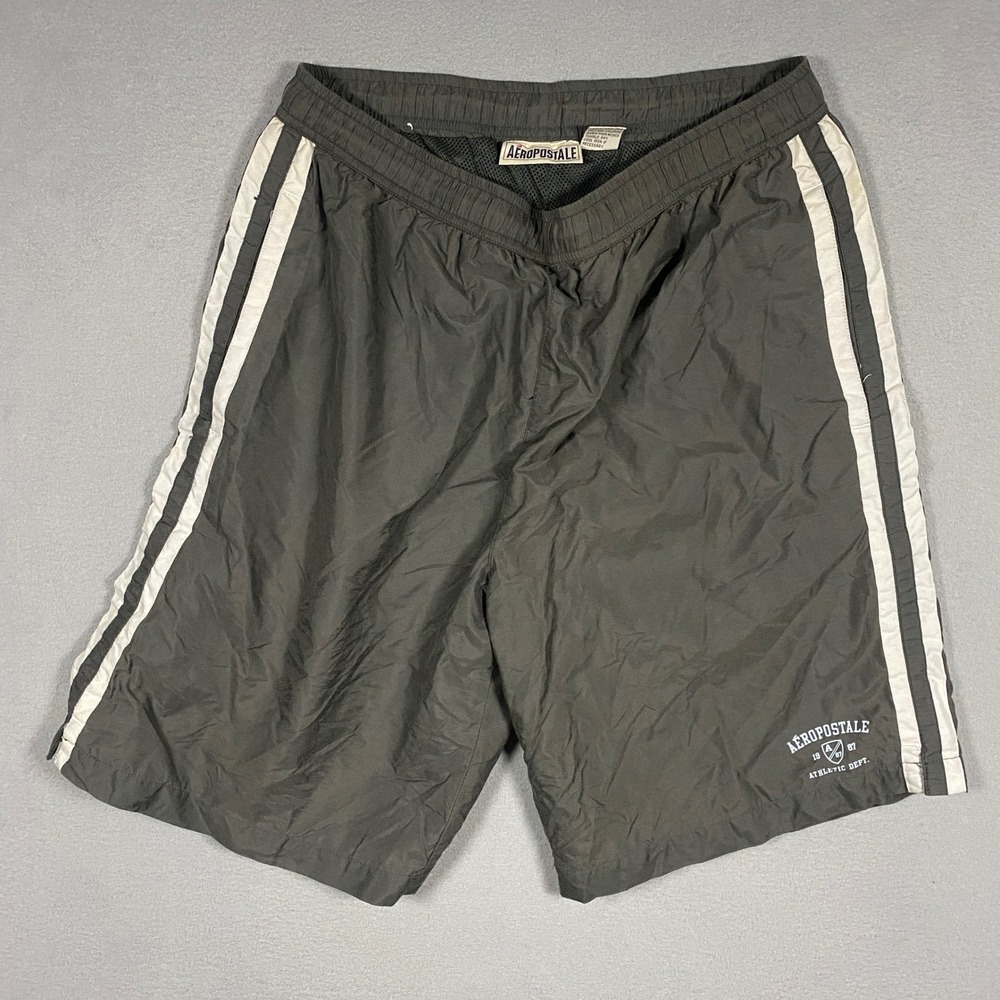 Y2K Aeropostale Swim Trunks Nylon Shorts Mens Small Gray White Stripe Mesh Lined